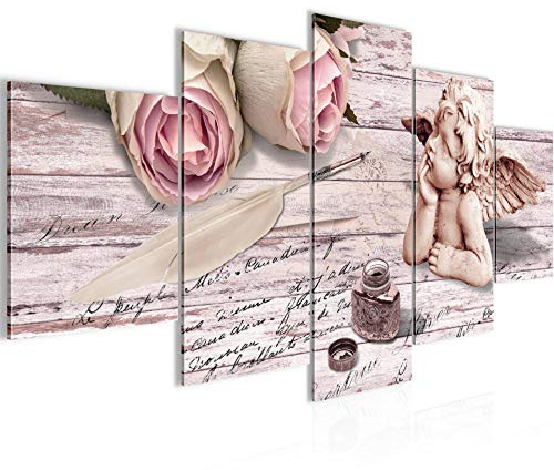 Runa Art - Bilder Engel Blumen 200 x 100 cm 5 Teilig XXL Wanddekoration Design Rosa Grau 005751b