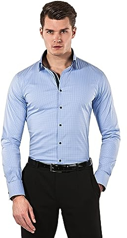 Vincenzo Boretti Camicia Elastica Uomo Eleganti, Taglio Molto Aderente (Extra Slim-Fit), Stretch, Collo Classico, Manica Lunga, a Quadri - Easy Iron, Facile da Stirare Blu 39-40