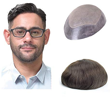 Lordhair Knotenlos Toupet für Männer, Haut Eben Injiziert Mensch Haar System, Basisgröße 8x10 Zoll Leichte Mittlere Dichte Herren Haarteil (Dunkelbraun 2#)