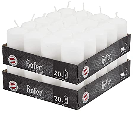 Hofer Stumpenkerzen - Weiß - 4 x 7 cm - Lange Brenndauer - 11 Stunden - Unparfümiert - Tropffreie - 40 Stück Kerzen