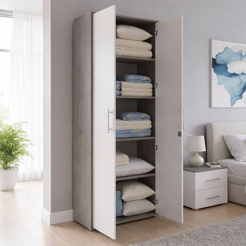 Dmora Libreria a 2 ante e 4 ripiani con serratura, scaffale per libri e documenti, Libreria portaoggetti da ufficio, cm 79x34h188, colore Bianco e Cemento