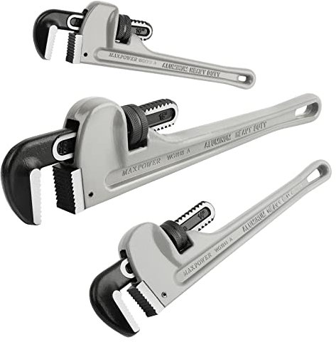 MAXPOWER Pipe Wrench Set 10 14 18, Aluminum Plumber Wrenches, Straight Plumbing Wrench with Large Jaw and Scales for Toilet Bowl Sink Bathroom Kitchen