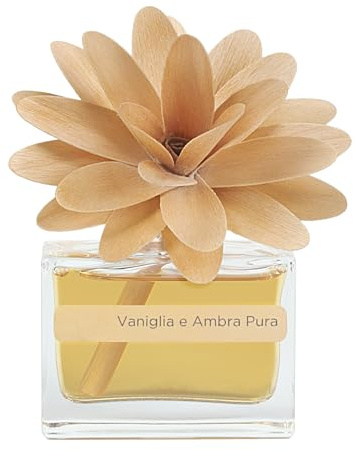 MUHA' - Lufterfrischer Flower Diffuser, Vanille und Amber, 30 ml | Raumdiffusor mit Blume aus Birkenholz