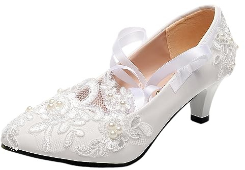 Jamron Damen Elegant Spitzenbesatz 5CM Absatz Weiß Hochzeitsschuhe Pumps mit Perlen SN070427 EU39.5