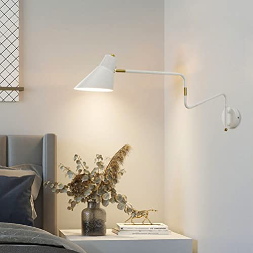 Retro Innen Wandleuchte Verstellbar Metall Langer Arm Bettlampe Vintage Industrial Wandlampe E27 Wand-Leselampen Drehbar Schwenkbarlampen Wandlicht für Schlafzimmer Wohnzimmer Büro Esszimmer,Weiß