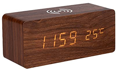 Benkeg Digital Wooden Alarm Clock Electronic LED Time Display for Bedroom 10W Wireless Charging 3 Alarm Settings Date&Temp Display, Brown