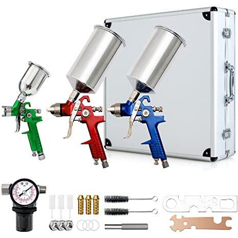 COSTWAY HVLP Air Spray Gun Set with 1.0mm 1.4mm 1.7mm Nozzle, 3pcs Auto Gravity Feed Spray Gun with Air Regulator & 100CC/1000CC Aluminum Cup, Automotive Paint Spray Guns for Car Furniture Primer