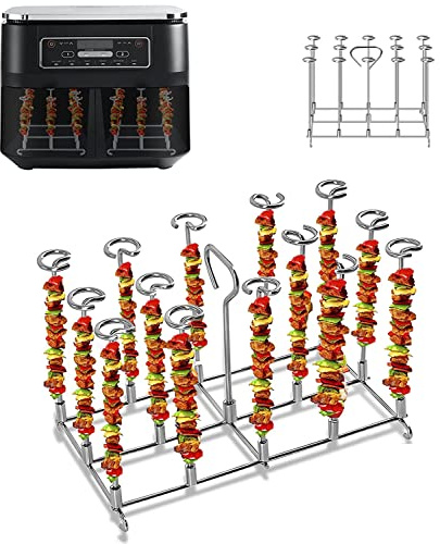 Latierra Soporte para brochetas de acero inoxidable con 14 pinchos para freidora de aire caliente Ninja Foodi AF300EU, AF400EU, Dual Zone airfryer 7,6L-9,5L, accesorio para freidoras de aire caliente