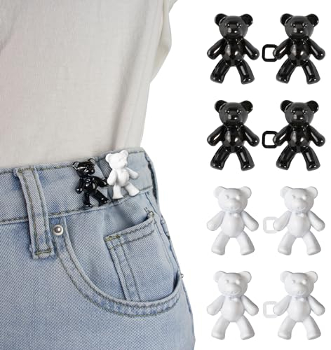 RichLuck 4 Paar Hose enger Machen Clip, Schwarz und Weiß Bären Jeans Knopfnadeln, Verstellbare und Wiederverwendbare Hosenknöpfe zum Stecken, Jeans Knöpfe ohne Nähen