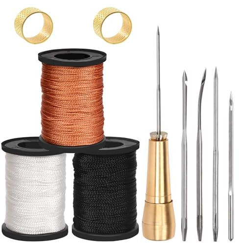 Wokape 10Pcs Leinwand Leder Nähen Awl Nadeln Sortiment Kit enthält gerade und gebogene Nadeln, 3 Farben 50m gewachste Nylonschnur Faden mit Spulen, Kupfergriff, Fingerhut für DIY, Lederreparatur