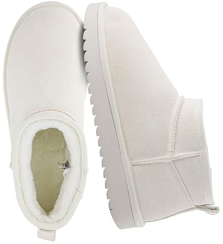CUSHIONAIRE Hip 2 Genuine Suede Ankle Boots for Women, Cozy Faux Shearling Lining Pull On Winter Womens Boots, OFF WHITE 8.5