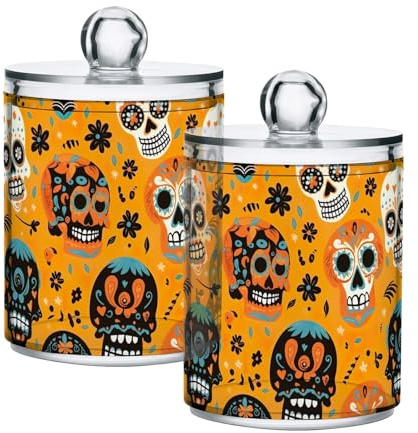 Lot de 2 pots en plastique transparent avec têtes de morts en sucre - Orange - Pour boules de coton, cotons-tiges, fil dentaire, éponges de maquillage, pince à cheveux - 283,5 g