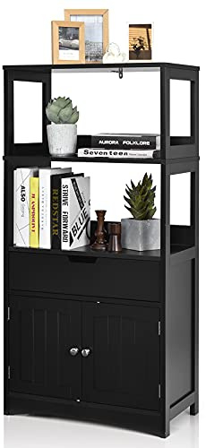GIANTEX Armario de Baño con Cajón, Armario Alto con 2 Estantes Abiertos, Estante Multiuso para Microondas, 60x32,5x122cm (Negro)