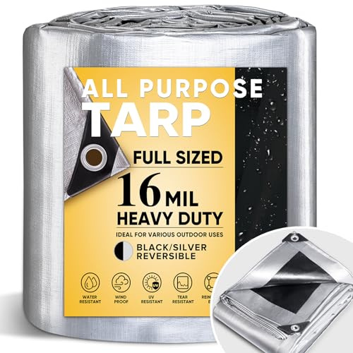 GZBtech 16Mil Heavy Duty Tarp 10x10FT, Waterproof Thick Plastic Ground Cover for Outdoor Patio Garden Yard Use, UV Resistant Poly Tarps for Trailer Car Truck Bike Pool Firewood Silver&Black