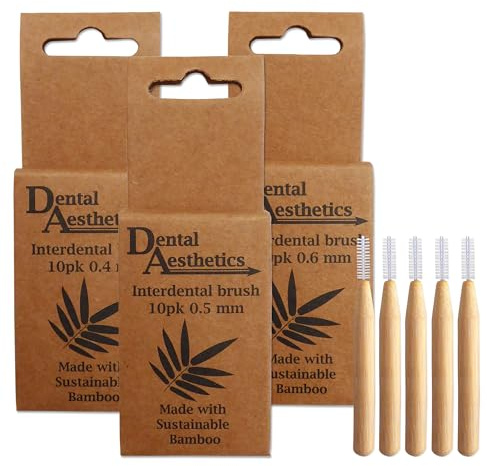 Dental Aesthetics Cepillos interdentales de bambú, 3 paquetes - 10 cepillos por paquete (0,4 mm, 0,5 mm y 0,6 mm) (TBI-3)