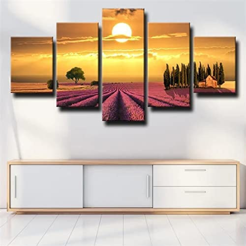 Leinwand Wandkunst Leinwanddrucke Malerei 5 Tafeln Stücke Mehrere Bilder, Sonnenuntergang Landschaft Lavendel Ungerahmt 150 X 100 Cm Giclée-Druck Auf Leinwand, Poster, Wanddekoration, Gesch -1Y5K+C3X6