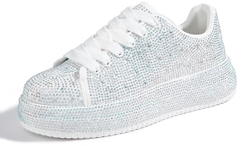 LUCKY STEP Rhinestone Sneakers for Women Platform Sparkly Glitter Bling Tennis Shoes Fashion Bedazzled Wedding Bridal Party Walking Sneakers(White Rhinestone,8)
