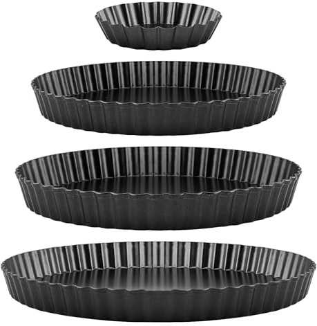 CHUIFAI Juego de 4 moldes para tartas con base elevadora, 10/22/26/30 cm, redondos, antiadherentes, forma de quiche, color negro, con base elevadora para tarta, quiche, pastel