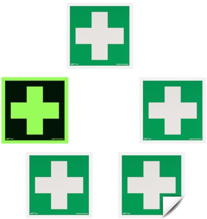 notlok Safety Work 5x Erste Hilfe Schilder Weißes Kreuz 15x15cm PVC klebend | Nachleuchtende Kunststoffplatte + Aufkleber für einfache Montage, DIN EN ISO 7010, Aufkleber Medizin, Hinweisschilder