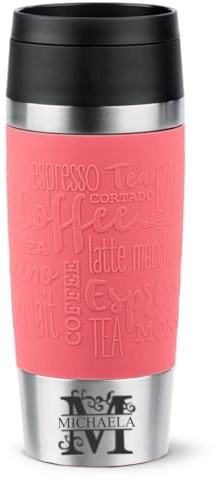 Isolierbecher 360ml mit Gravur Monogramm/Buchstabe (+ Name) Travel Mug Manschette koralle, personalisierter Kaffeebecher Teebecher, Motiv MO1