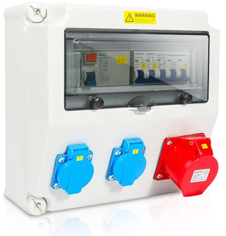 Fiqops Baustromverteiler 16A, Stromverteiler 2x16A 230V+1x16A 400V CEE 5 polig, Wandverteiler mit Sicherheitsklappdeckeln und Leitung, IP44 für Werkstätten, Fabriken