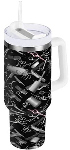 RPLIFE Friseur-Werkzeuge, Schere, schwarze Edelstahl-Wasserflasche, isolierter Kaffeebecher mit Deckel, Kaffeebecher für Frauen