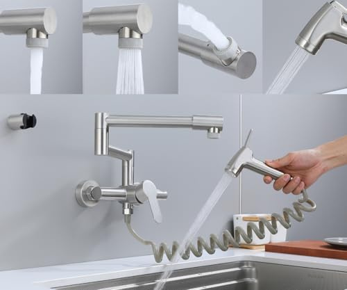 Rubinetto pieghevole da cucina, montaggio a parete, con tubo girevole piegato a 360°, acqua calda e fredda, funzionamento a spruzzo multifunzionale, acciaio inox 304, colore nickel spazzolato