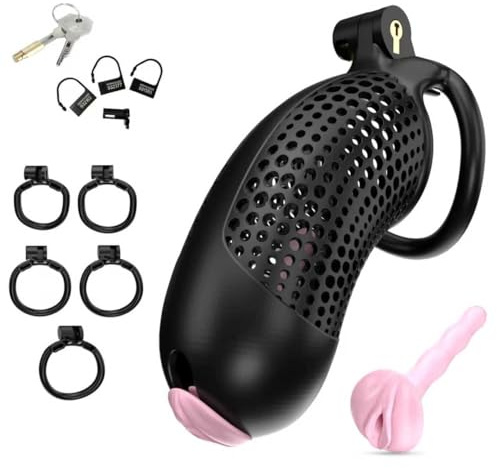 F-5.0 Chastity Cage Male,Peniskäfig Deluxe Set mit Fake Frau Pussy + 5 Cock Cage Penisring,Keuschheitskäfig Herren Extrem,Keuschheitsgürtel für Herren,Gay Sexspielzeug (Schwarz, XXL)
