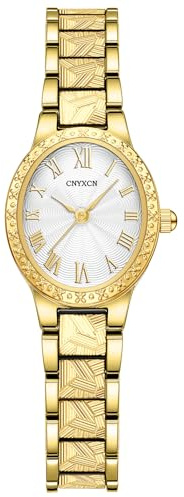 CNYXCN Vintage Gold Watches for Women with Oval Case,Roman Numeral Dial,Golden Tone Bracelet Strap,Water Resistant,Includes Tools