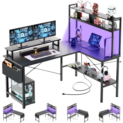iSunirm Escritorio Gaming con LED,125x90 cm Escritorio en L con Enchufes y Puerto de Carga USB,Mesa para Ordenador con Estante para Monitor para Oficina en Casa,Negro