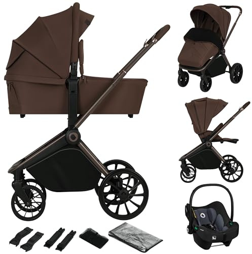 LIONELO Mika Plus 3-i-1 Barnvagn med Liggdel Sittdel & Bilbarnstol i-Size, Terränghjul, Sufflett UPF50+, 5-punkts Bälte, Justerbart Ryggstöd & Fotstöd, Hopfällbar, Upp till 22kg, Inkl Tillbehör, Mocca