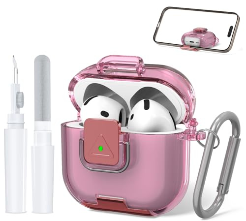 Carcasa de TPU para AirPods 4, flexible, antigolpes y abrasión, incluye llavero + lápiz de limpieza, compacto y ligero para uso diario (rosa transparente)