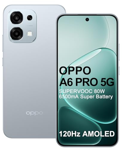 OPPO A6 Pro 5G 8+256Go, IA Smartphone Android Débloqué, Batterie 6500mAh, SUPERVOOC 80W Telephone Portable, Écran 120Hz 6,57 AMOLED, Dimensity 6300, Caméra AI 50MP, IP69, NFC, Dual SIM, Argent