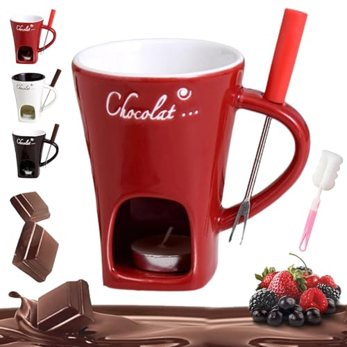 Snrtevu Schokofondue Tasse, Schokoladenfondue Tasse Mit Teelicht, Keramik Schoko Fondue Tassen Mit Gabel, FüR KäSe Schokolade Butter Karamell (Rot)