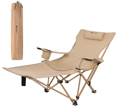 VILLEY Bärbar hopfällbar campingstol med väska - vilstol med avtagbart fotstöd, justerbart ryggstöd från 100° till 150°, strandstrand beige