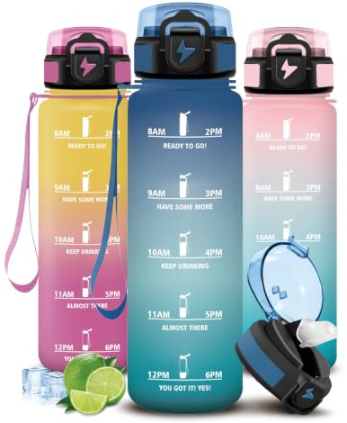 Mujigaga Borraccia 1 litro, A Prova di Perdite Borraccia Palestra, Borracce con Cannuccia, Facile da Pulire, Con Indicatore del Tempo, Borracce Motivazionale per Trekking, Ufficio, Corsa