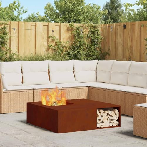 GeenYuu Brasero marrón de acero resistente a la intemperie, 100 x 100 x 30 cm, cuadrado para jardín, terraza, exterior, con gran cámara de fuego, calor acogedor y llamas elegantes para noches