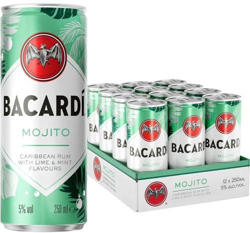 BACARDÍ Mojito es un cóctel enlatado, ALC. 5 %, 12 x 25 cl / 250 ml, listo para beber, elaborado con ron BACARDÍ Carta Blanca y mezclado con lima y hierbabuena