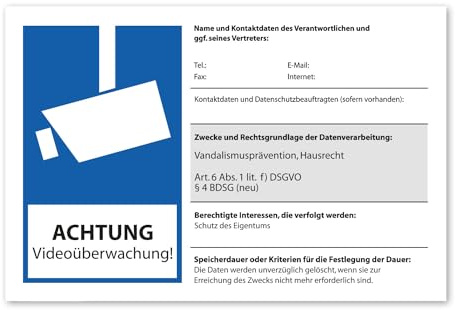 Hinweis-Schild Achtung Videoüberwachung I 30 x 20 cm I 3 mm I BDSG EU-DSGVO Beschilderung zum Ausfüllen - Info Betreiber I wetterfest I hin300