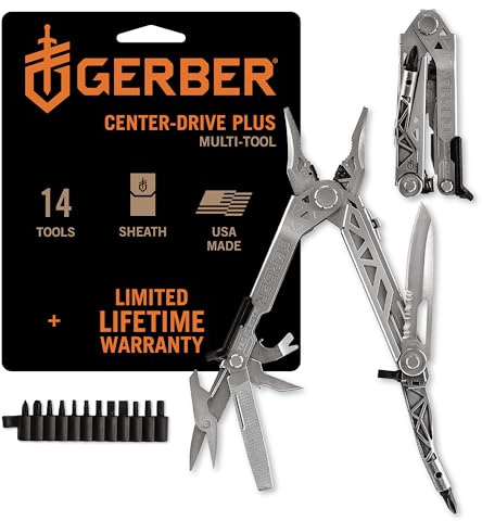 Gerber Gear Center-Drive Plus - 16-Piece Multi-Purpose Tool with Sheath & Bit Set - Includes Pry Bar, Knife, Needlenose Pliers, Nail Puller & More - Made in USA