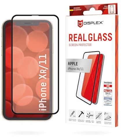 Displex Full Cover Schutzglas (10H) für Apple iPhone XR/11, Eco-Montagerahmen, volle Displayabdeckung, Tempered Glas, kratzer-resistente Schutzfolie, hüllenfreundlich