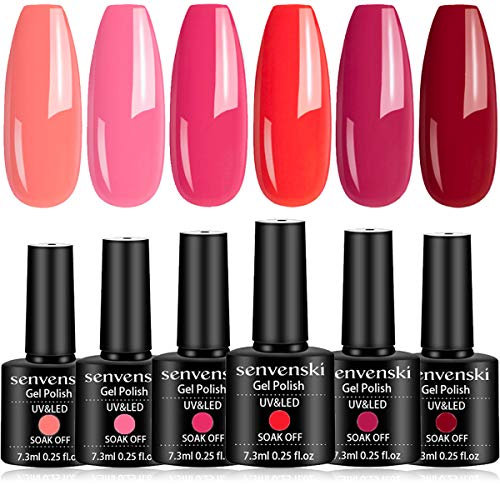 Senvenski Pink Rose Gel Nail Polish Kit - UV/LED Soak Off Nail Art Set with Light Pink Peach Red Cherry Rose Colours | Manicure Gift Kit for Women, Professional Salon Home Use(CS6-013)