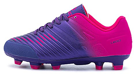 LEOCI Football Shoes - Kid's Anti-Slip Soccer Boots Toddler Outdoor Comfort Cleats Purple Pink