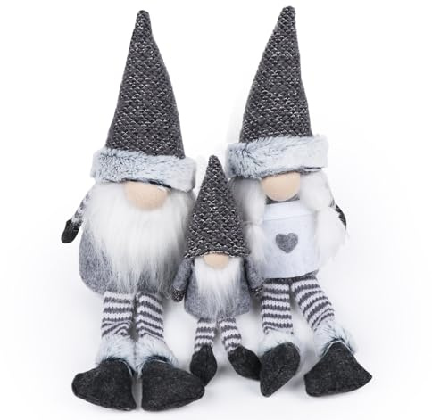 Homewit 3 Stück Wichtel Figuren, Graue Skandinavische Weihnachtswichtel aus Filz, Weihnachtsfiguren Zwei Größen 22-40cm, Weihnachtswichtel Figuren für Weihnachtsdekoration