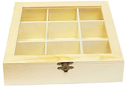 Acan Caja de Madera Natural 9 Compartimentos con Tapa de Cristal y Cierre metálico 4.8 x 21.5 x 18 cm