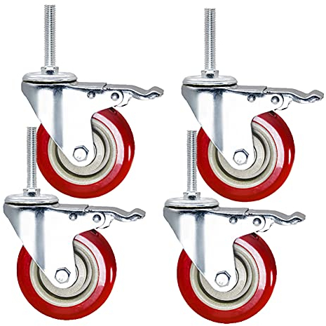 M12 x 60 mm Lange Gewinderollen 3 4 5 Lenkrollen Schwerlast Gerüstrollen 500 kg Silent PU mit Bremse Lenkrollen für Möbel Industrietransport Wagen Workbech 4 Stück