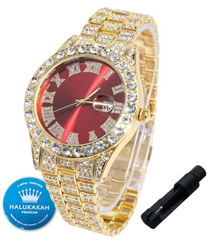 HALUKAKAH Montre en Or avec Diamants pour Garçons,Ados,Enfants - Plaqué Or 18K,Cadran Rouge 42mm,Quartz Japonais - Bracelet Réglable de 20cm,avec Outil de Réglage - pour Anniversaires,Fêtes