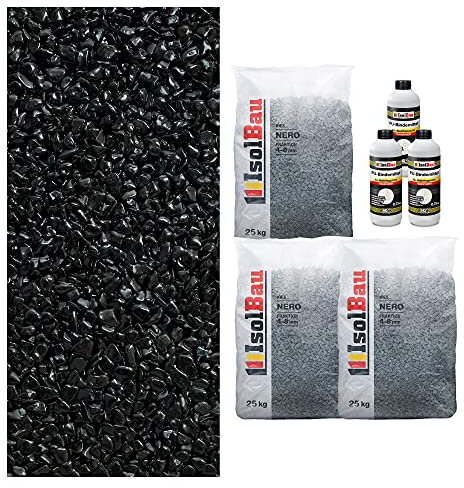 Isolbau Steinteppich Aussen Komplettset Marmorkies 75kg + Bindemittel bis 7,5m² Nero 4/8mm Epoxidharz, Terassenboden, Natursteinboden Marmorkies Bodenbelag, Steinboden, Marmorstein, Innen Außen
