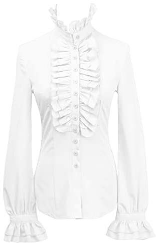 YILEEGOO Women Vintage Victorian Button Down Shirts Stand Collar Frilly Ruffle Gothic Blouses Retro Flared Sleeve Tops (White, L)