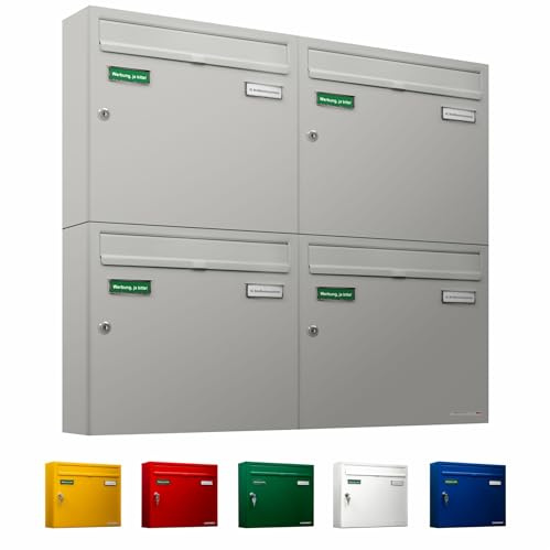 AL Briefkastensysteme Basic 4er Briefkasten RAL 9006 Weiß Aluminium Silber Edelstahl-farbig 4 Fach DIN A4 wetterfest Briefkastenanlage mit Posthaltebügel und 2 Namensschildern